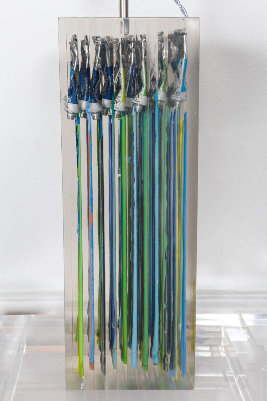 1970s Incredible Lucite with Painting Tubes Table Lamp Attributed to Romeo In Excellent Condition In Bois-Colombes, FR