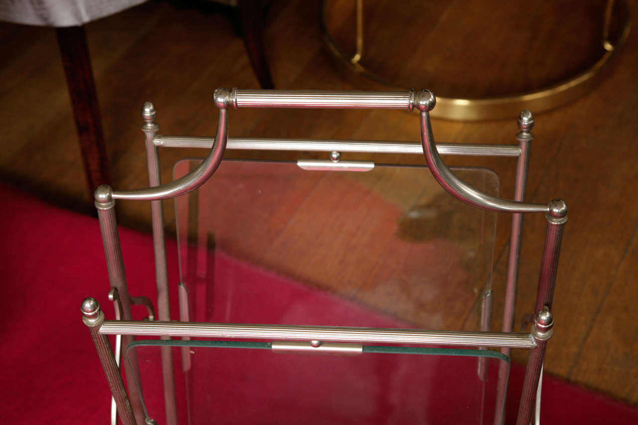 1950s, French Magazine Rack in brushed metal with fluited components in a neo-classical style