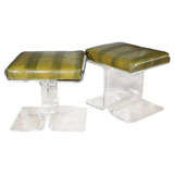 Pair Lucite Benches with Linen or Faux Alligator  Cushions