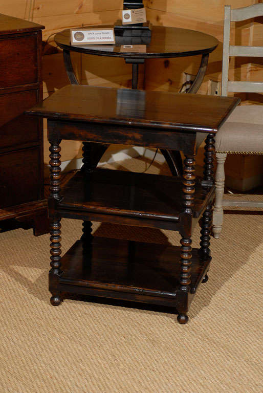 Tripley Bobbin Leg Table in Ebony. Three tiers for accesories. Immediate delivery. Available in cherry, walnut, ebony finishes, and painted finishes in 2-3 weeks.