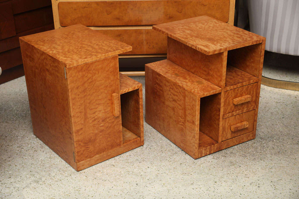 Pair of Burled Maple Nightstands, Probably Sir Edmond Spence For Sale