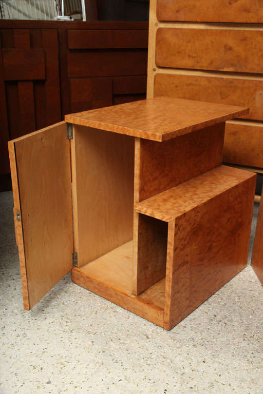 Pair of Burled Maple Nightstands, Probably Sir Edmond Spence For Sale