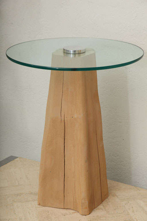 Charming side table has a natural, sand-blasted cypress knee base, with glass top held in place by a sleek, polished aluminum cap.