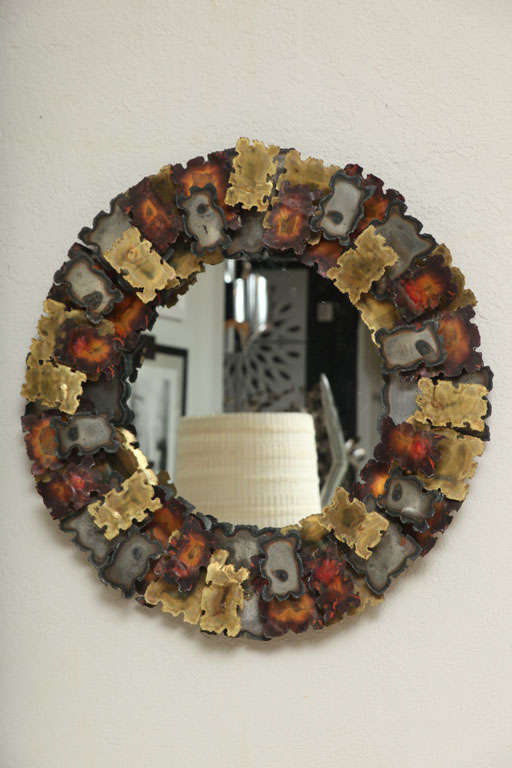 American Pair of Brutalist Mirrors in Copper, Brass, and Steel