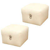 Stunning Pair Of Silver And White Linen Upholstered Poufs