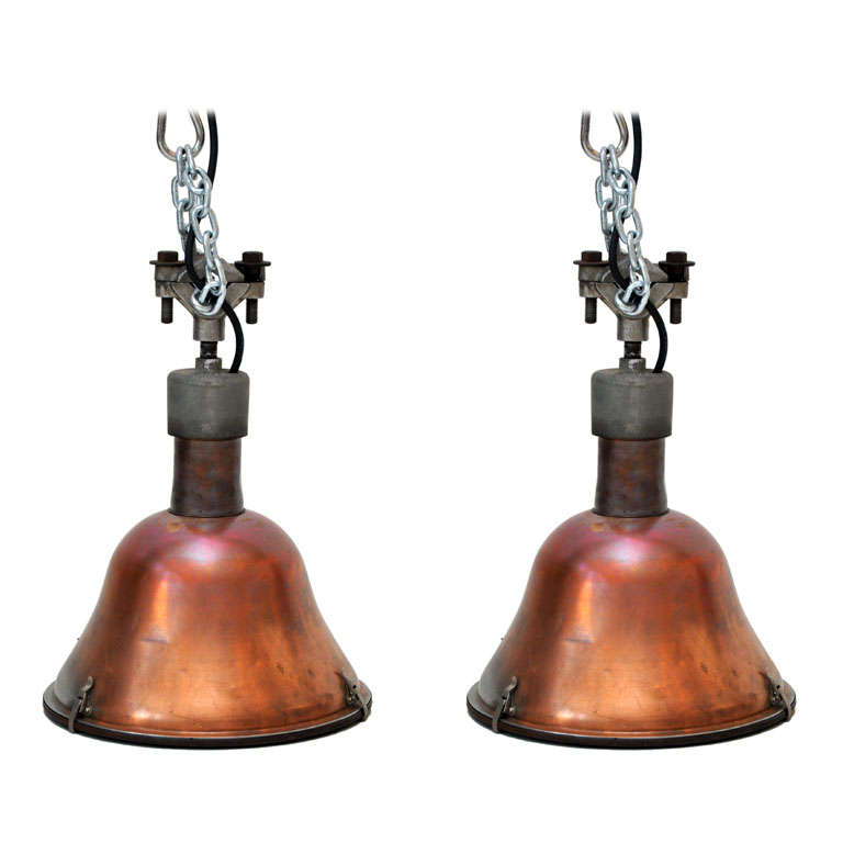 Pair of Large Industrial Copper Pendant Lights