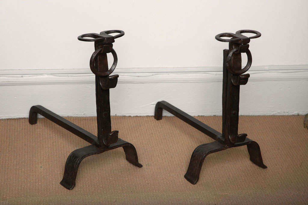 Unusual Wrought Iron "Ram's Head" Andirons
