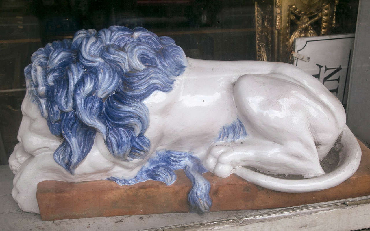 Terracotta Great Pair of Glazed Terra Cotta Lions For Sale