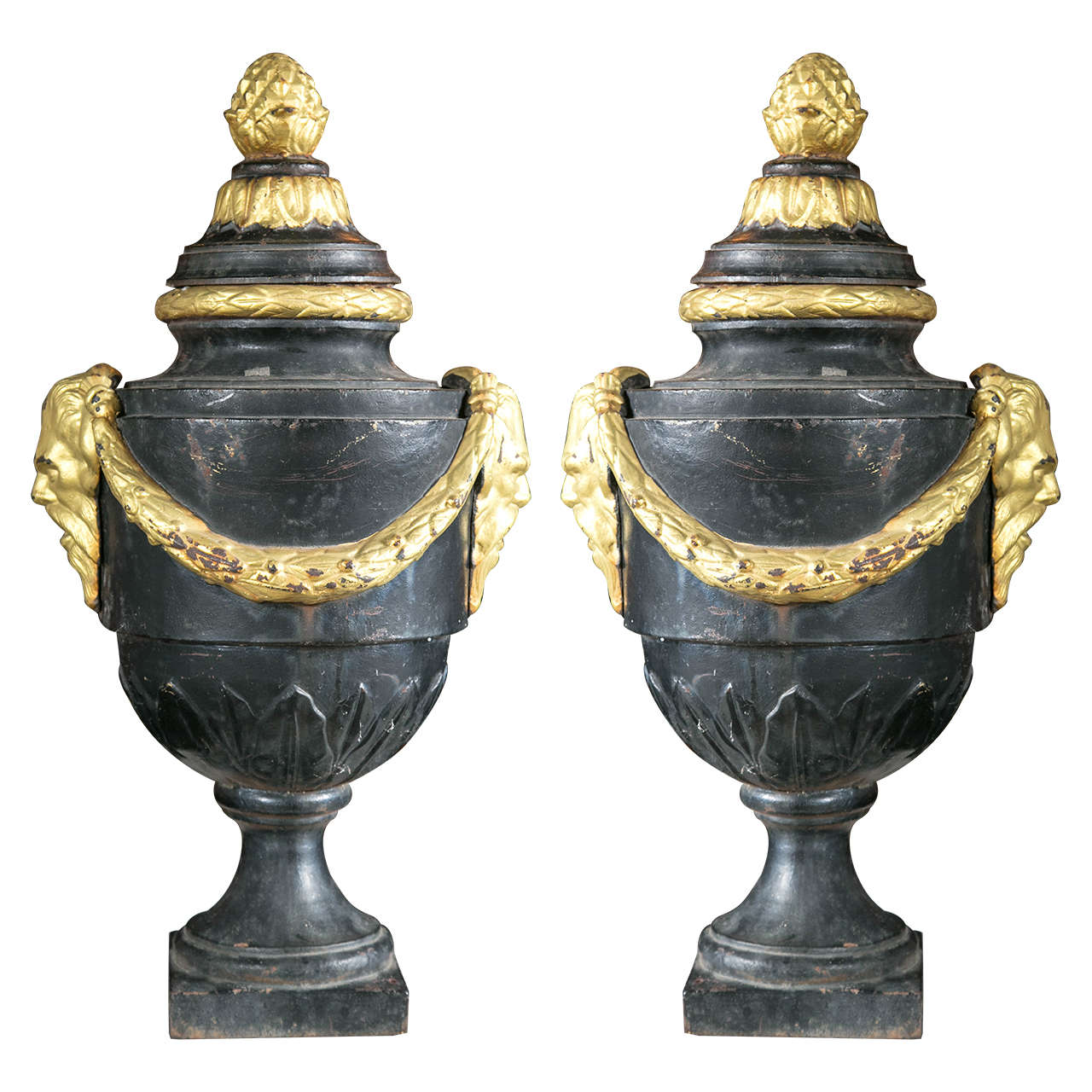 Pair of Cast Iron Lidded Urns