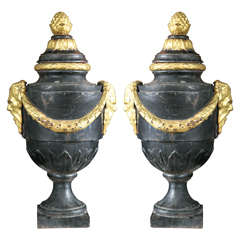 Pair of Cast Iron Lidded Urns
