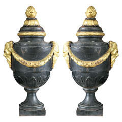 Pair of Cast Iron Lidded Urns