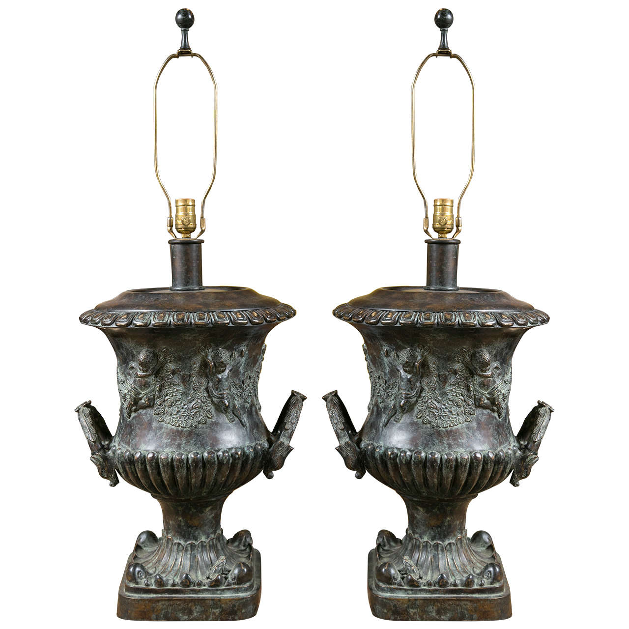 Pair of Cast Bronze Urn Lamps by Maitland Smith For Sale