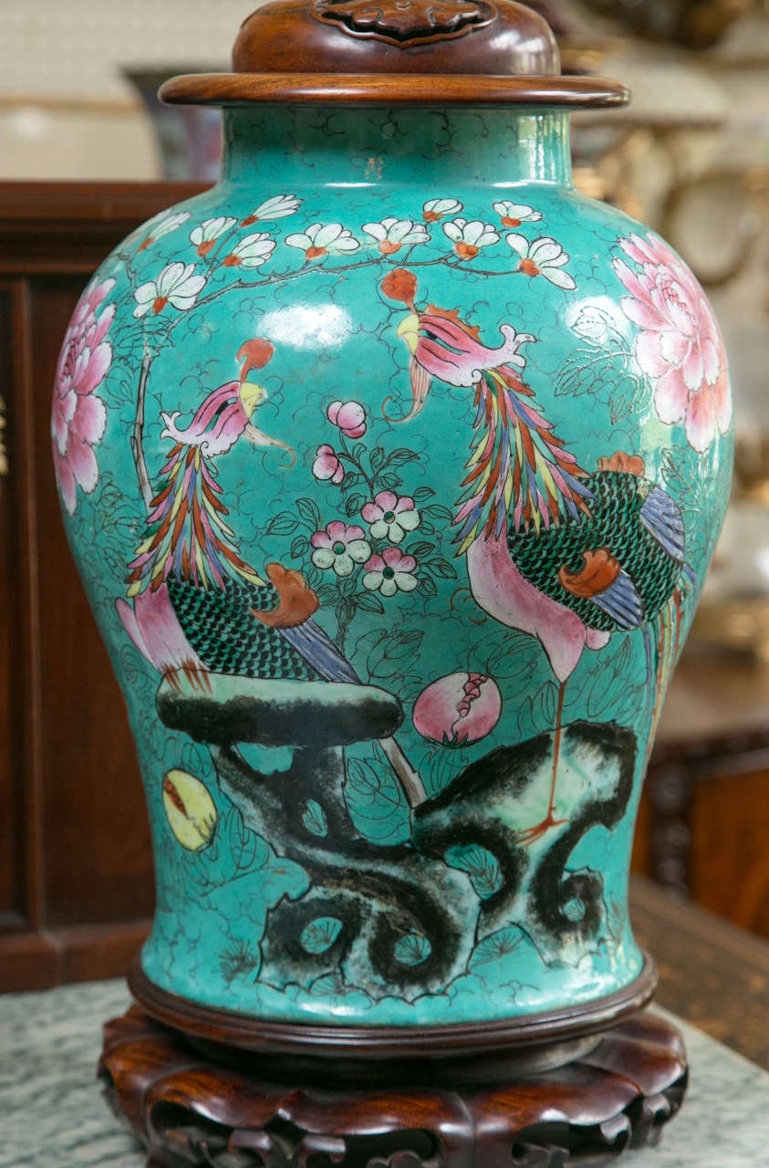 Hand-Painted Pair of 19th Century Chinese Porcelain Lamps of Baluster Shape