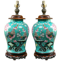 Pair of 19th Century Chinese Porcelain Lamps of Baluster Shape