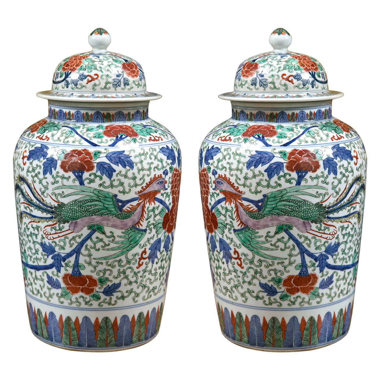 Large Pair of Chinese Porcelain Covered Jars