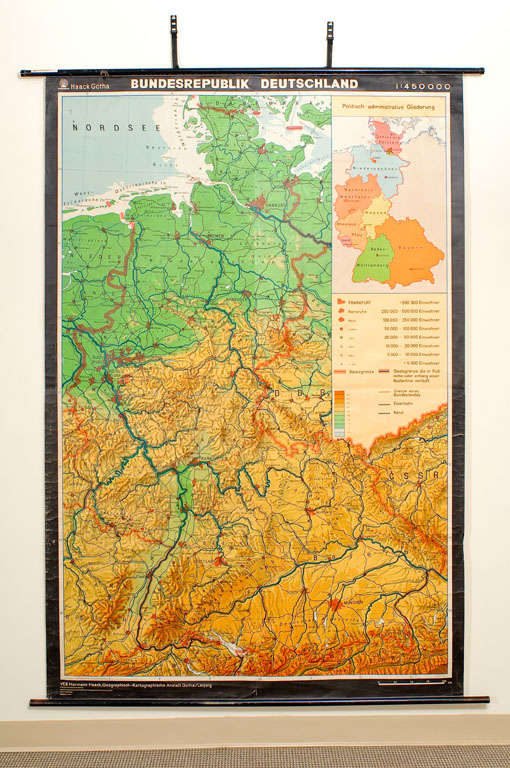 A brilliantly colourful wall map of the Bundesrepublik Deutschland (Federal Republic of Gemany) by VEB Hermann Haack of Gotha in the former German Democratic Republic.