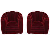 Pair French Art Deco Maurice Dufrene Red Mohair Club Chairs