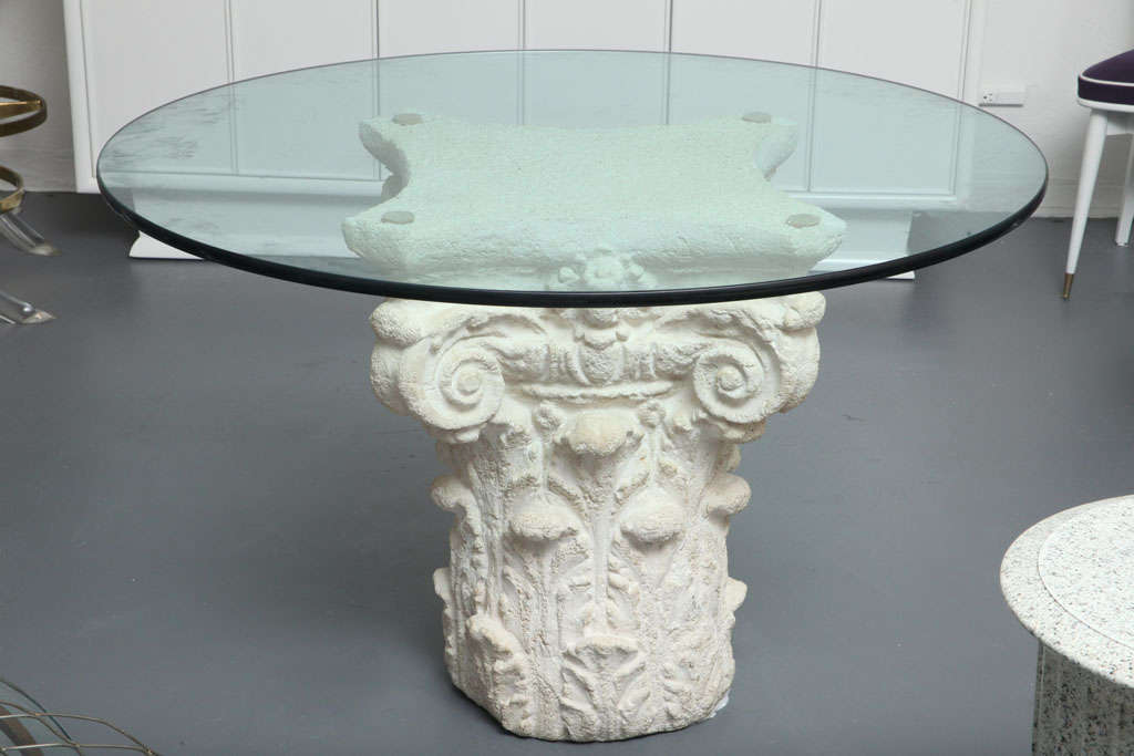 Intricately detailed stone corinthian column pedestal base at perfect table height (30