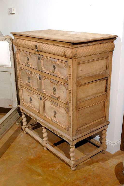 18th Century English Bleached Oak Chest on Stand with Geometrical Front and Barley Twist Legs