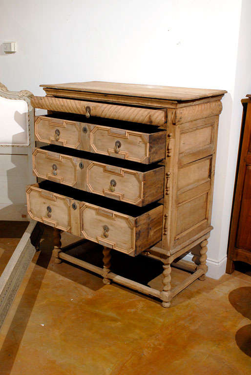 Wood English Bleached Oak Chest on Stand with Geometrical Front and Barley Twist Legs