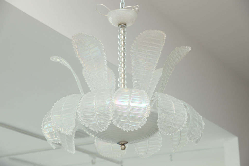 Venini opalescent white glass chandelier with multiple plumes.