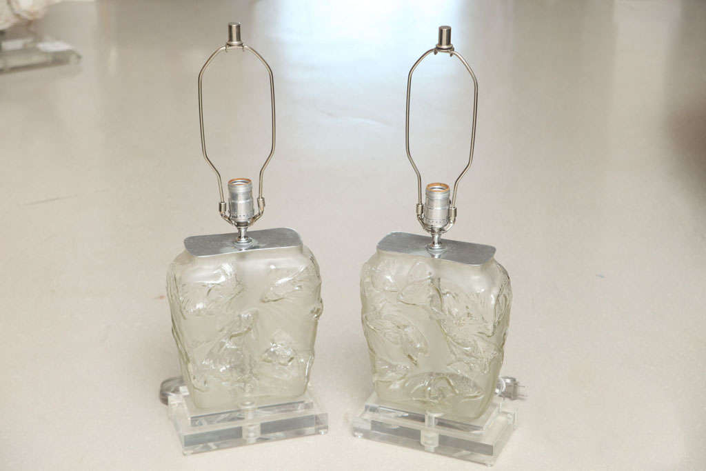 Pair of glass fish lamps with lucite bases and chrome fittings.