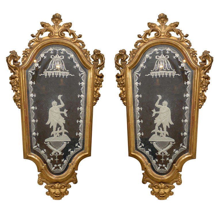 Pair of 19th Century Venetian Etched Mirrors, Cartouche Shape For Sale