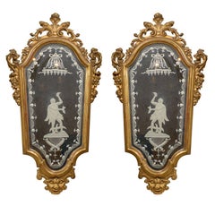 Pair of 19th Century Venetian Etched Mirrors, Cartouche Shape