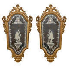 Pair of 19th Century Venetian Etched Mirrors, Cartouche Shape 3