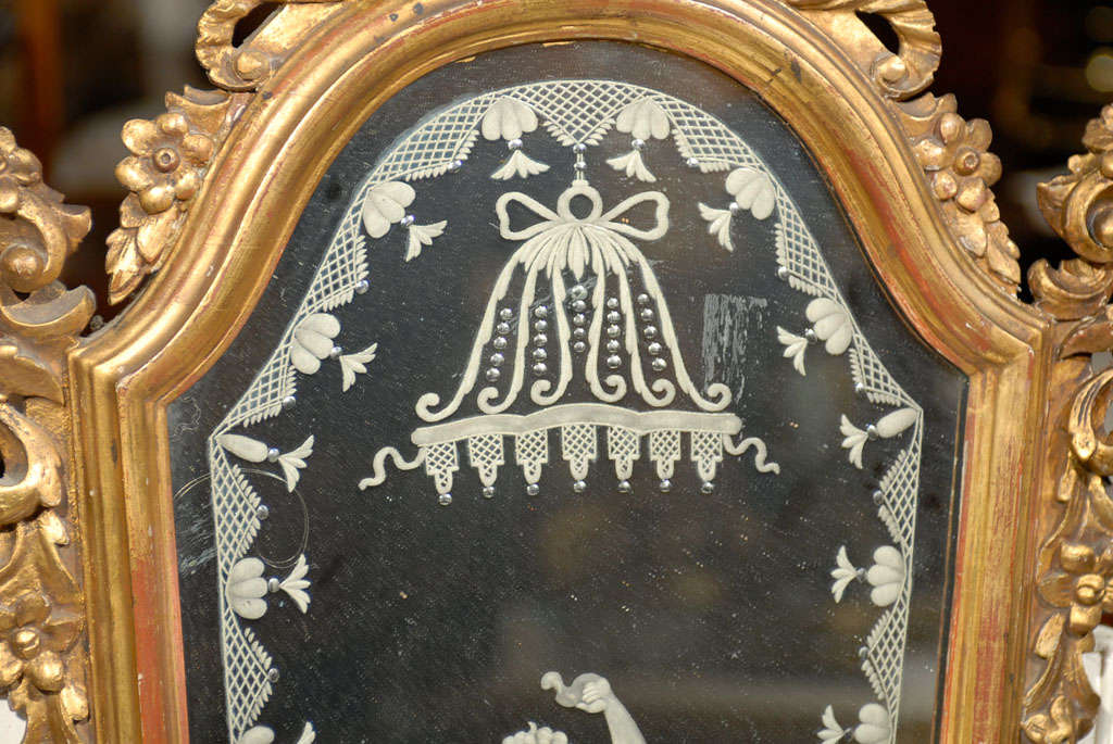 Pair of 19th Century Venetian Etched Mirrors, Cartouche Shape For Sale 3