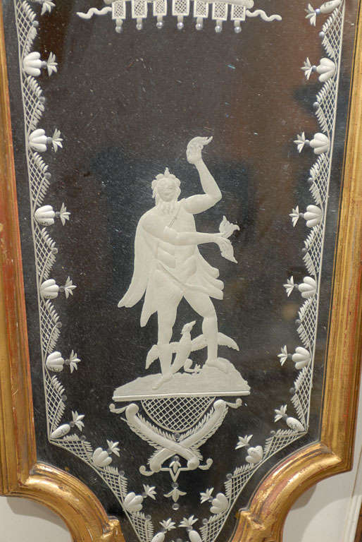 Pair of 19th Century Venetian Etched Mirrors, Cartouche Shape For Sale 6