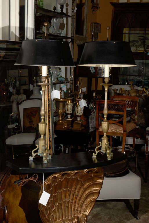 Pair Of 19thc Bronze Candlestick Lamps, two Sockets