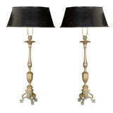 Pair Of 19thc Bronze Candlestick Lamps, two Sockets