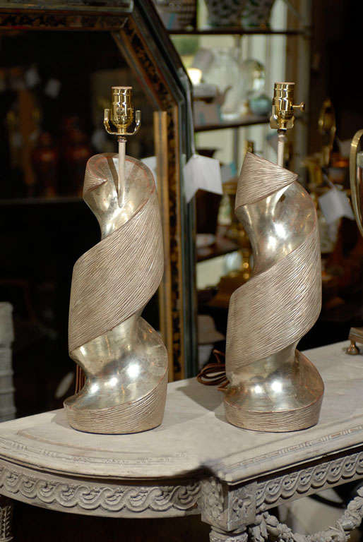 Pair Of Mid C Silvered Spiral Lamps