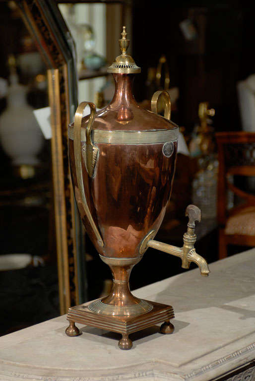 19th century copper and brass hot water urn, with wooden turn.