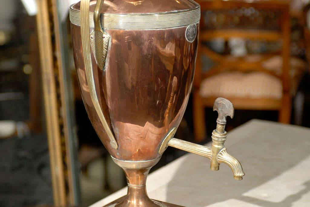 19th Century Copper and Brass Hot Water Urn, Wooden Turn 1