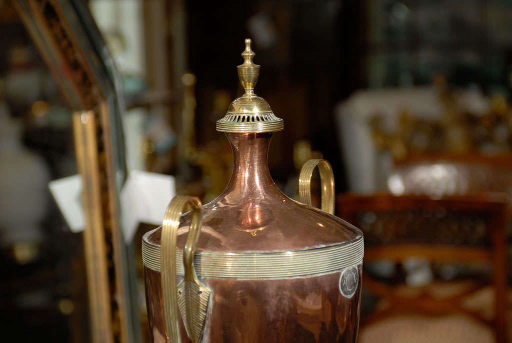 19th Century Copper and Brass Hot Water Urn, Wooden Turn 2