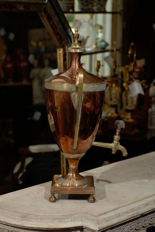 19th Century Copper and Brass Hot Water Urn, Wooden Turn 3