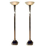 Pair of Art Deco Chrome Torcheres Floor Lamps with Blue Bases