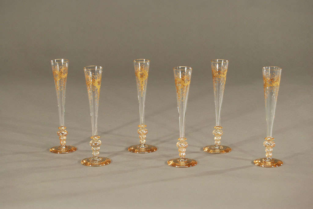 Italian Set of 6 19th c. Venetian Champagne Flutes With Gold