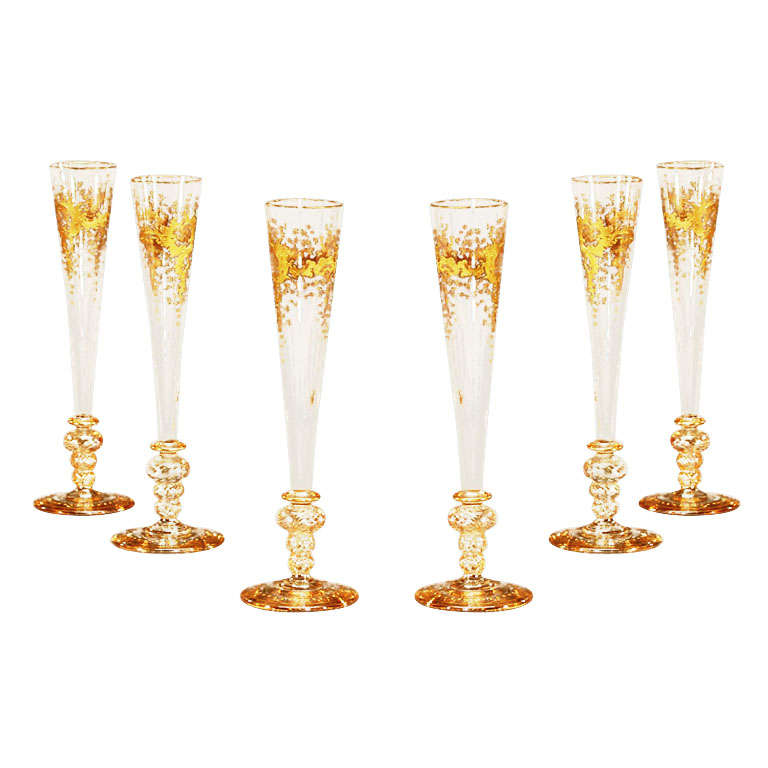 Set of 6 19th c. Venetian Champagne Flutes With Gold