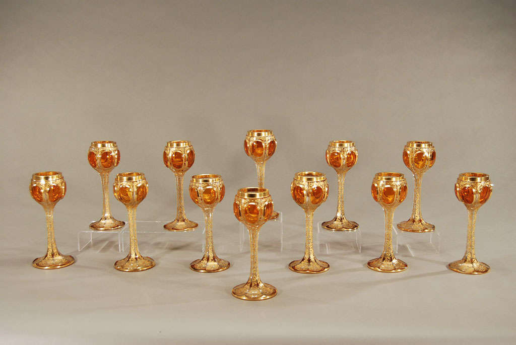 Czech 12  Moser 19th C. Crystal Goblets With Amber Cabochons & Gold