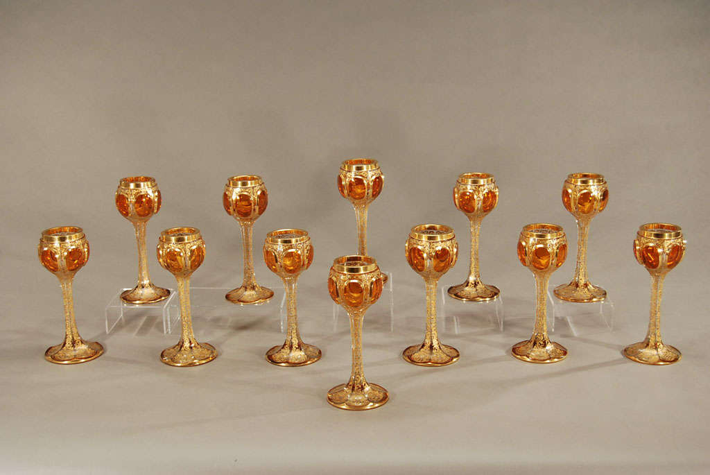 19th Century 12  Moser 19th C. Crystal Goblets With Amber Cabochons & Gold