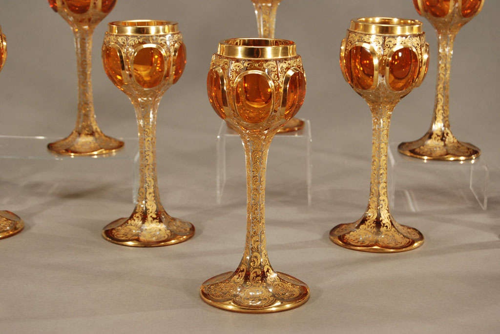 12  Moser 19th C. Crystal Goblets With Amber Cabochons & Gold 1