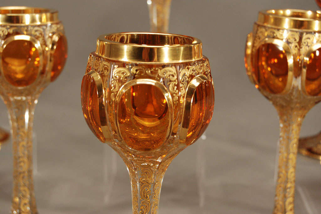 12  Moser 19th C. Crystal Goblets With Amber Cabochons & Gold 2