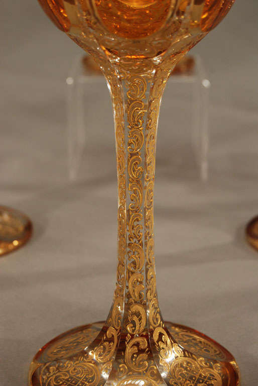 12  Moser 19th C. Crystal Goblets With Amber Cabochons & Gold 3