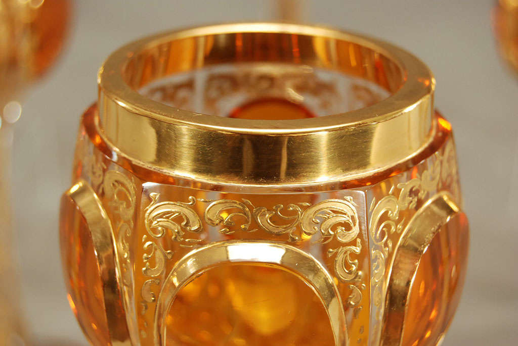 12  Moser 19th C. Crystal Goblets With Amber Cabochons & Gold 5