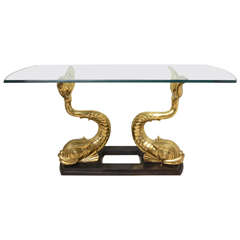 Hollywood-Regency Style Rectangular Console Table, Polished-Brass Dolphins