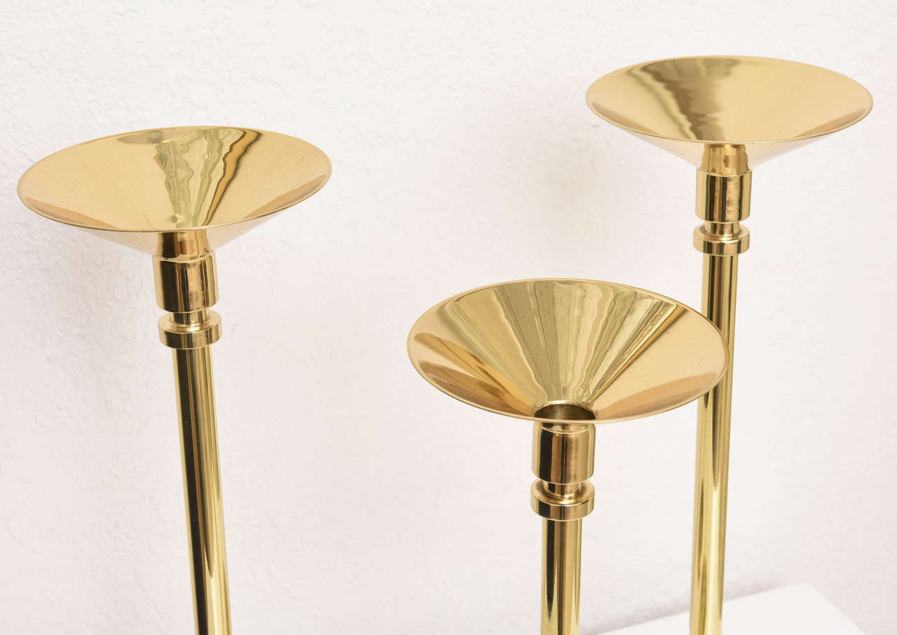 Set of Three Art Deco Style, Graduated-Height, Polished Brass Candlesticks In Good Condition In West Palm Beach, FL