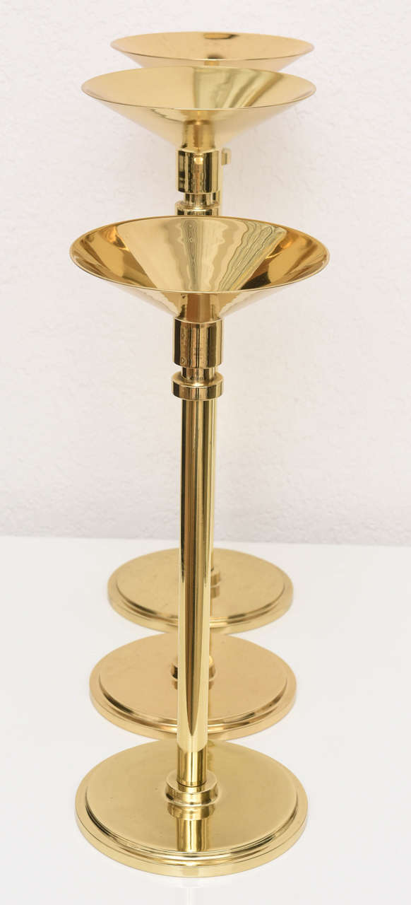 Set of Three Art Deco Style, Graduated-Height, Polished Brass Candlesticks 1